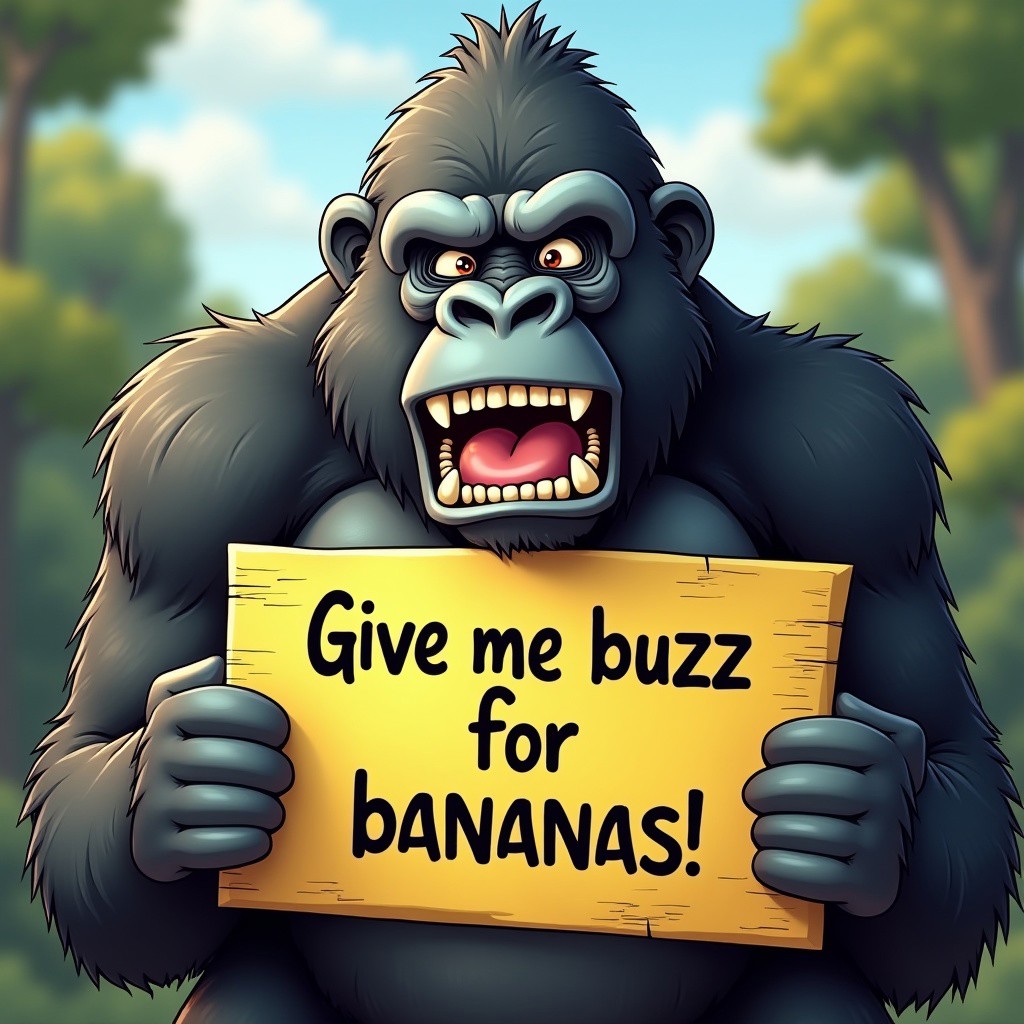 “Give me buzz for bananas”, Hyper realistic gorilla holding a sign with this phase, focus on phase, hyper realistic teeth, hyper realistic tongue, hyper realistic scenario, hyper realistic cartoon style,