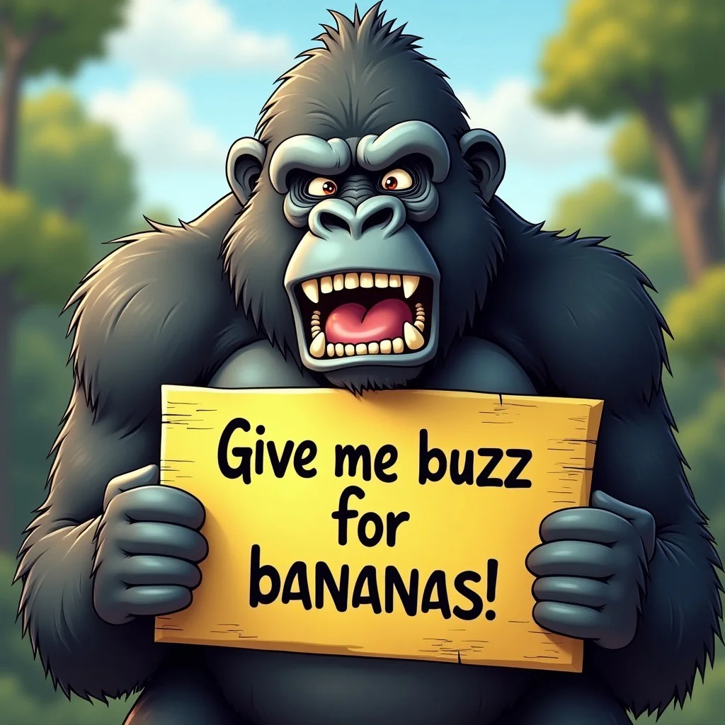 “Give me buzz for bananas”, Hyper realistic gorilla holding a sign with this phase, focus on phase, hyper realistic teeth, hyper realistic tongue, hyper realistic scenario, hyper realistic cartoon style,