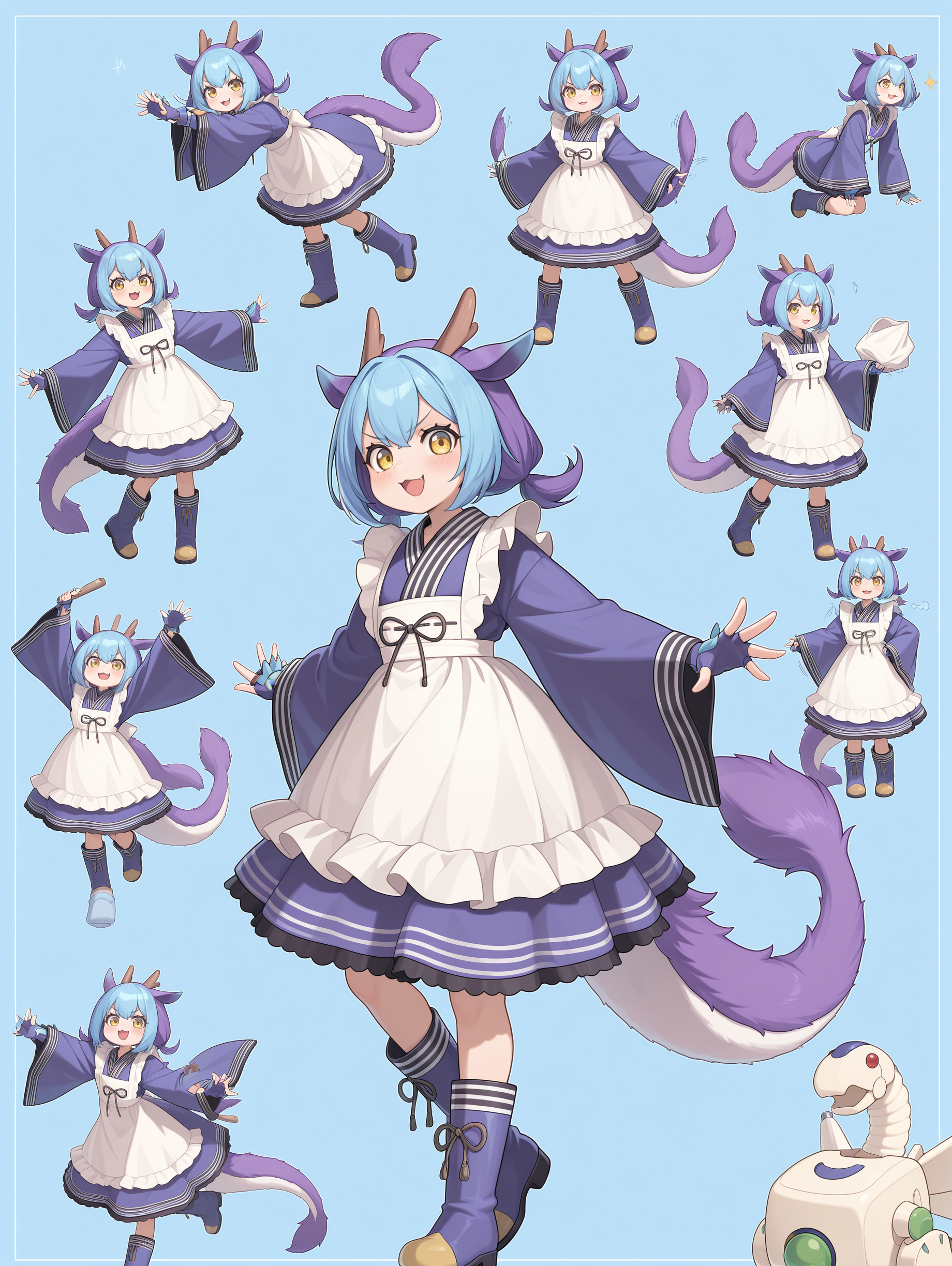 dragon girl,laundry dragonmaid,1girl,open mouth,looking at viewer,smile,:3,blue maid outfit,blue fingerless gloves,blue knee boots,multiple views,blue background,v-shaped eyebrows,dragonmaid nudyarl,appliancer laundry dragon,1other
masterpiece,best quality,amazing quality,very aesthetic,apussbsurdres,newest,<lora:laundry dragonmaid & eldlich the golden lord illuXL v1:0.75>,