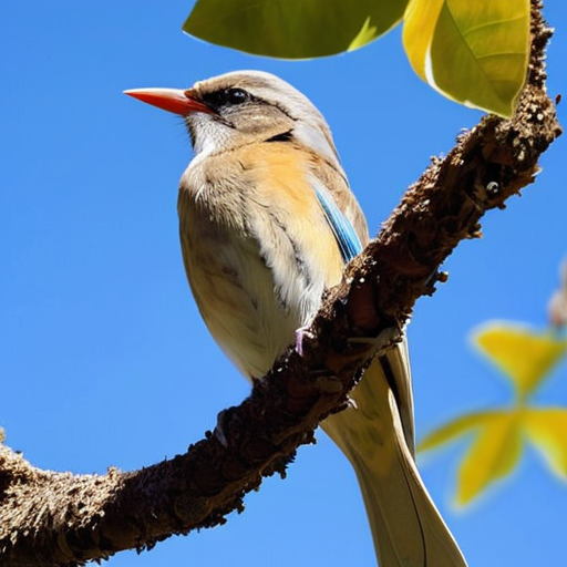 A beautiful bird on a branch against a backdrop of a clear blue sky,<lora:HMSGé¸ç±»æå½±XL-000001:0.1>,