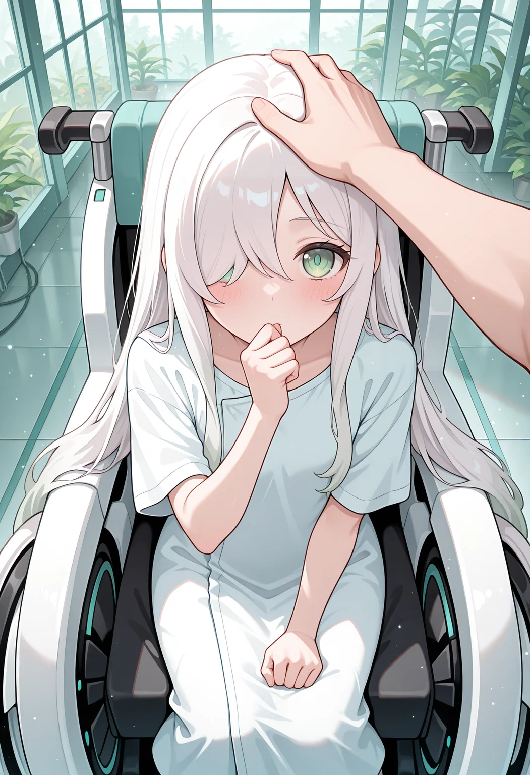 highres, best quality, masterpiece, indoors, greenhouse,
1girl, solo, rlpanmn, very long hair, white hair, hair over one eye, one eye covered, gradient hair, green eyes,
hospital gown, wheelchair, white dress,
blush, looking at viewer,
sitting, science fiction,
light particles, from above, hand to own mouth, clenched hand, pov, headpat,
<lora:_anemone_pcr-elesico-ilxlB:1>