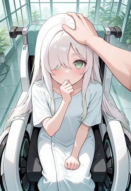 highres, best quality, masterpiece, indoors, greenhouse,
1girl, solo, rlpanmn, very long hair, white hair, hair over one eye, one eye covered, gradient hair, green eyes,
hospital gown, wheelchair, white dress,
blush, looking at viewer,
sitting, science fiction,
light particles, from above, hand to own mouth, clenched hand, pov, headpat,
<lora:_anemone_pcr-elesico-ilxlB:1>