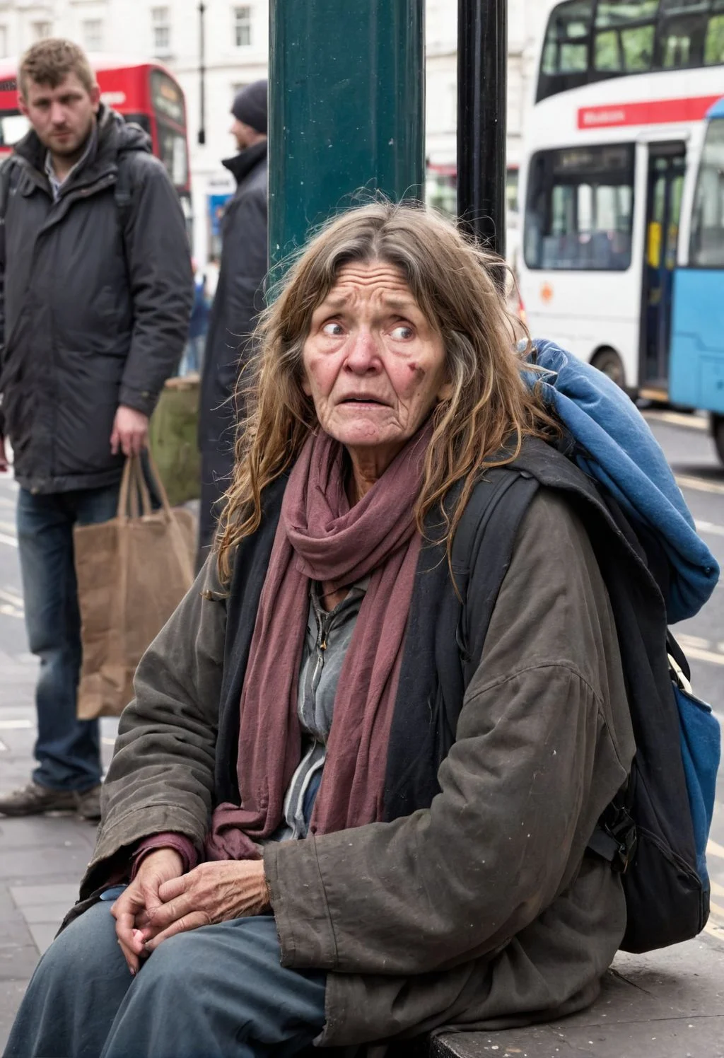 1 woman, homeless, beggard, detailed face, sit , bus stop , body shot, crazyness, london street