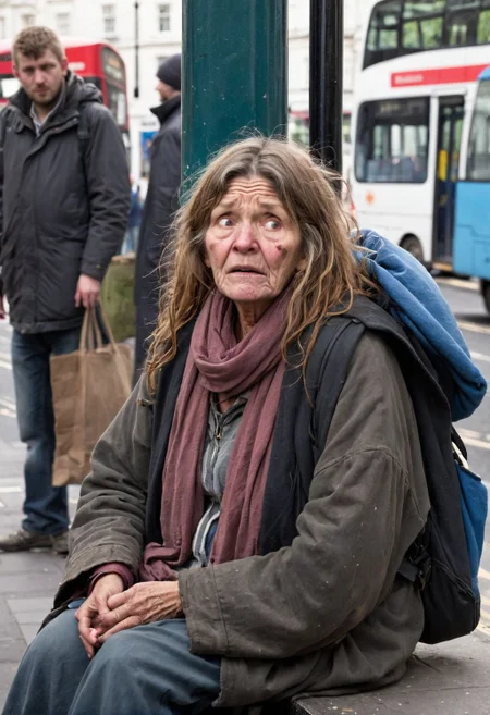 1 woman, homeless, beggard, detailed face, sit , bus stop , body shot, crazyness, london street
