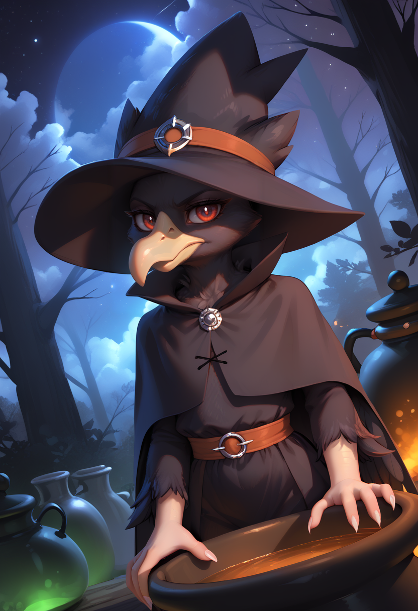 score_9, score_8, score_7, score_6, source_anime, dark forest, night sky, star \(sky\), dutch angle, 
BREAK
1girl, (murkrow, pokemon (creature), avian, anthro, red eyes), looking at viewer, witch hat, witch robes, cauldron, green smoke, serious look, <lora:IncaseLycoXL:0.6> <lora:PersonalAmi_PonyXL:0.5> <lora:Pony Detail Tweaker V2.0:5> <lora:POKEMON_MURKROW:1>