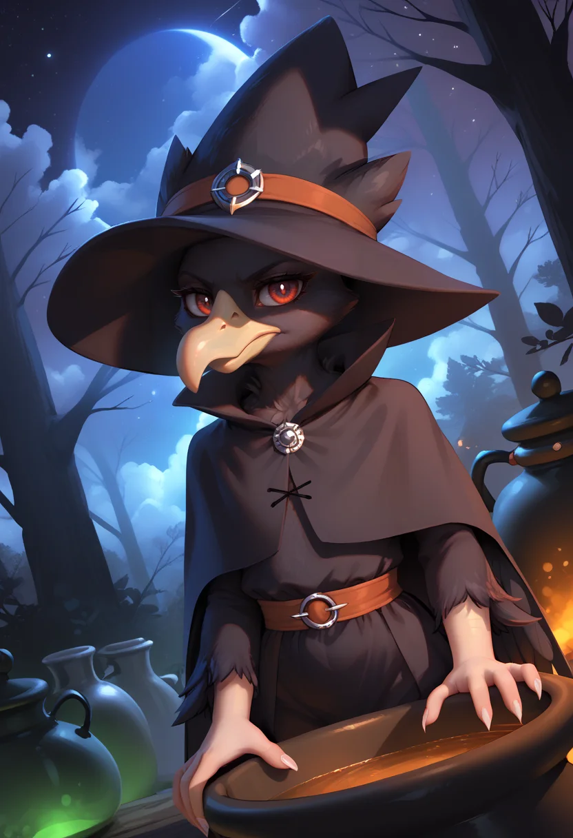 score_9, score_8, score_7, score_6, source_anime, dark forest, night sky, star \(sky\), dutch angle, 
BREAK
1girl, (murkrow, pokemon (creature), avian, anthro, red eyes), looking at viewer, witch hat, witch robes, cauldron, green smoke, serious look, <lora:IncaseLycoXL:0.6> <lora:PersonalAmi_PonyXL:0.5> <lora:Pony Detail Tweaker V2.0:5> <lora:POKEMON_MURKROW:1>