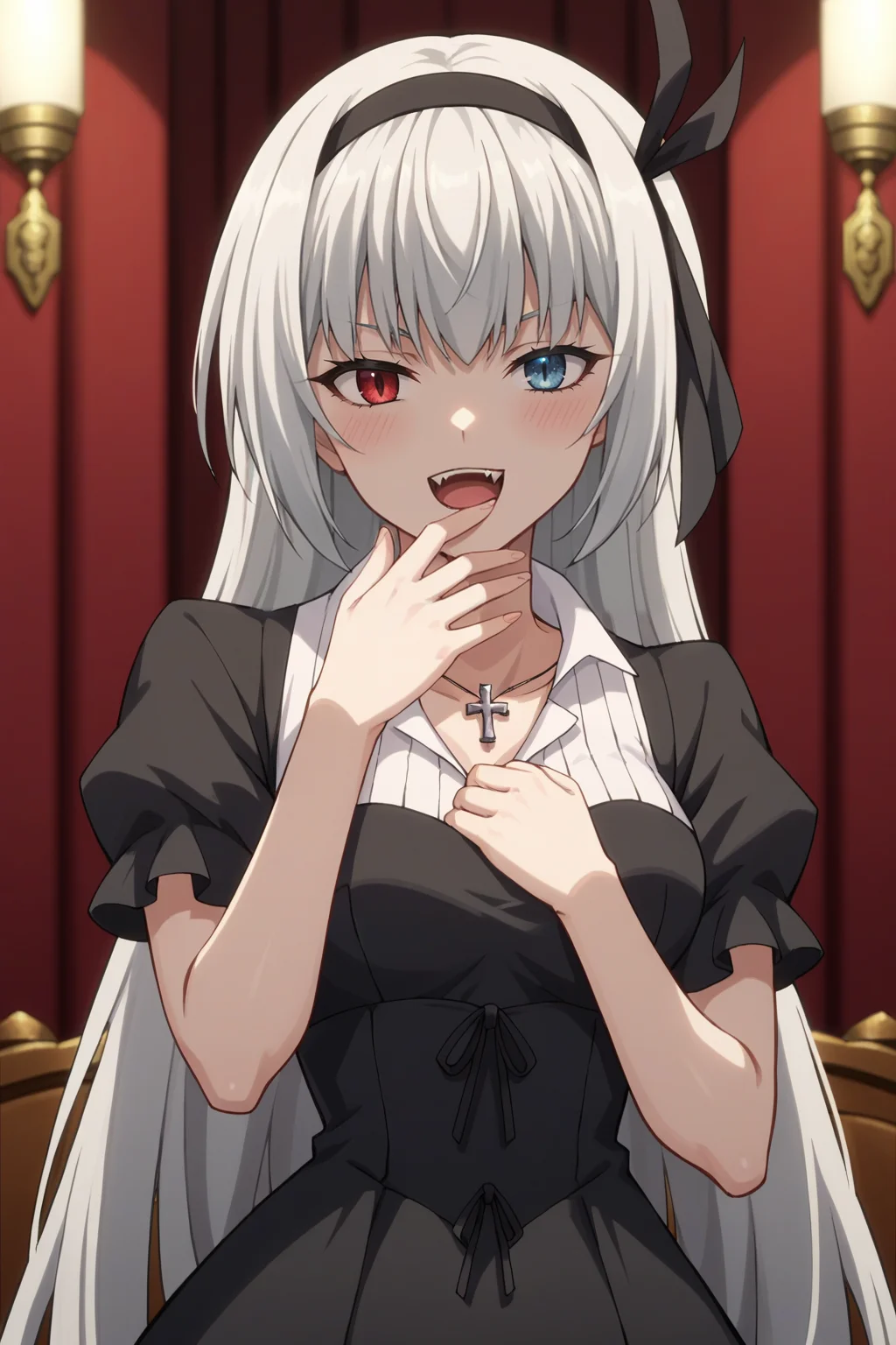 score_9, score_8_up, score_7_up, source_anime, 1girl, prefect lighting, very aesthetic, intricate details, highly detailed background, masterpiece, high quality, prefect hands, best quality, solo,
<lora:Luminous_Valentine_Tensura_V2:.85>, KJOluminous, white hair, heterochromia, red eyes, blue eyes, long hair, head band,
black dress, puffy short sleeves, cross necklace,
smug, hand over mouth, open mouth, head tilt, blush, fangs,
Bed room, dark room, dim lights,
(Beautiful, medium Breasts:1.2), natural breasts,