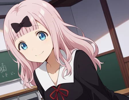 score_9, score_8_up, score_7_up, source_anime,
chikafujiwara, <lora:chika-fujiwara-s3-ponyxl-lora-nochekaiser:1>,
chika fujiwara, long hair, bangs, blue eyes, bow, pink hair, hair bow, blunt bangs, black bow, smile, mature female,
long sleeves, dress, ribbon, school uniform, collarbone, black dress, sailor collar, white sailor collar, red ribbon, neck ribbon, shuuchiin academy school uniform,
indoors, classroom, bent over,
looking at viewer, cowboy shot, dutch angle,