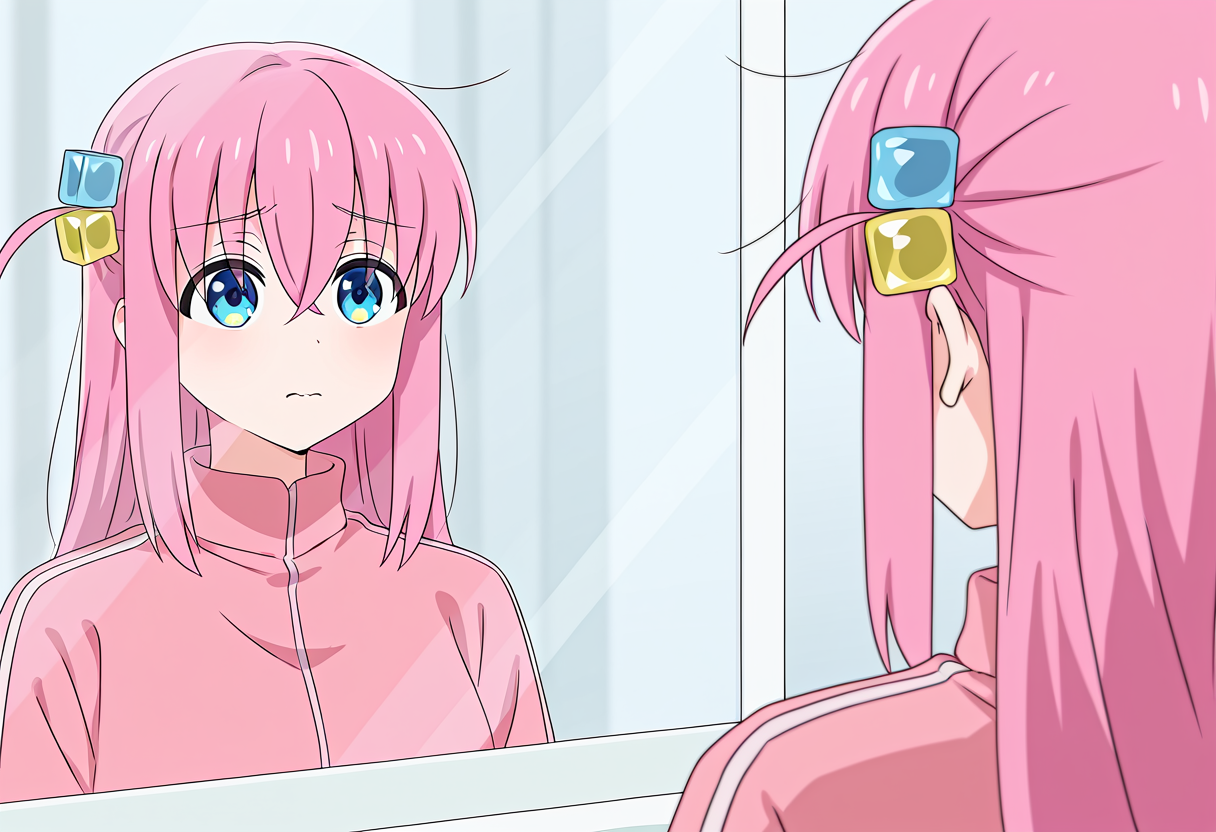 masterpiece, best quality, absurdres, toughtime, 1girl, gotoh hitori, mirror, <lora:How_to_get_through_tough_time_meme-000007:1>