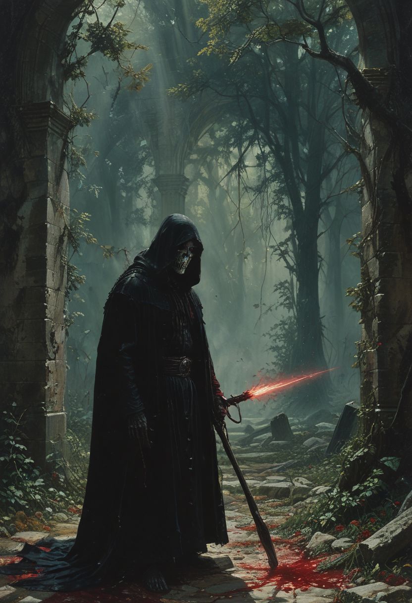 High resolution ultra-realistic of sinister The Grim Reaper, Intricately Designed Shroud, A Grim Reaper dressed in a black robe stands in a gloomy graveyard, He's holding a scythe with a bloody blade, head and shoulders portrait, Graveyard, 8k resolution concept art portrait by Greg Rutkowski, Artgerm, WLOP, Alphonse Mucha dynamic lighting hyperdetailed intricately detailed Splash art trending on Artstation triadic colors Unreal Engine, 5 volumetric lighting, Cinematic Lighting, intricate, smooth, sharp focus digital painting, Asymmetrical Balance, hyperdetailed painting, dynamic lighting