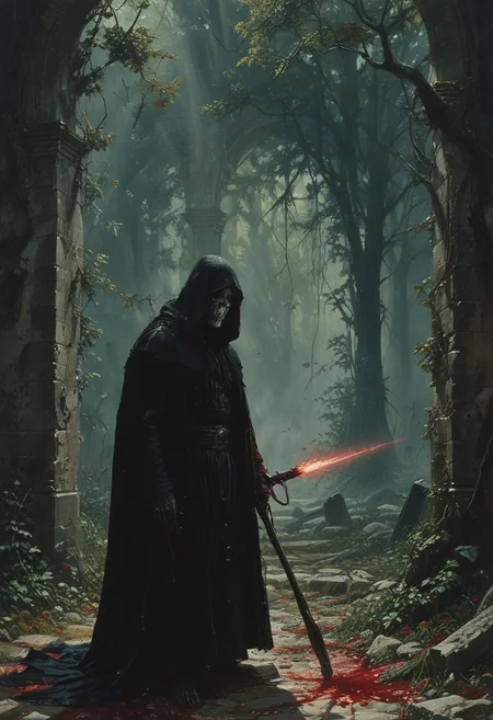 High resolution ultra-realistic of sinister The Grim Reaper, Intricately Designed Shroud, A Grim Reaper dressed in a black robe stands in a gloomy graveyard, He's holding a scythe with a bloody blade, head and shoulders portrait, Graveyard, 8k resolution concept art portrait by Greg Rutkowski, Artgerm, WLOP, Alphonse Mucha dynamic lighting hyperdetailed intricately detailed Splash art trending on Artstation triadic colors Unreal Engine, 5 volumetric lighting, Cinematic Lighting, intricate, smooth, sharp focus digital painting, Asymmetrical Balance, hyperdetailed painting, dynamic lighting