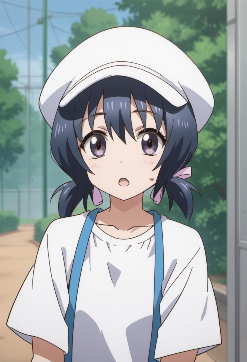 score_9, score_8_up, score_7_up, source_anime, funabori, dark blue hair, purple eyes, twintails, 1girl, solo, short twintails, sweatdrop, low twintails, anime coloring, open mouth, white headwear, hat, upper body, collarbone, ribbon, looking at viewer, hair ribbon