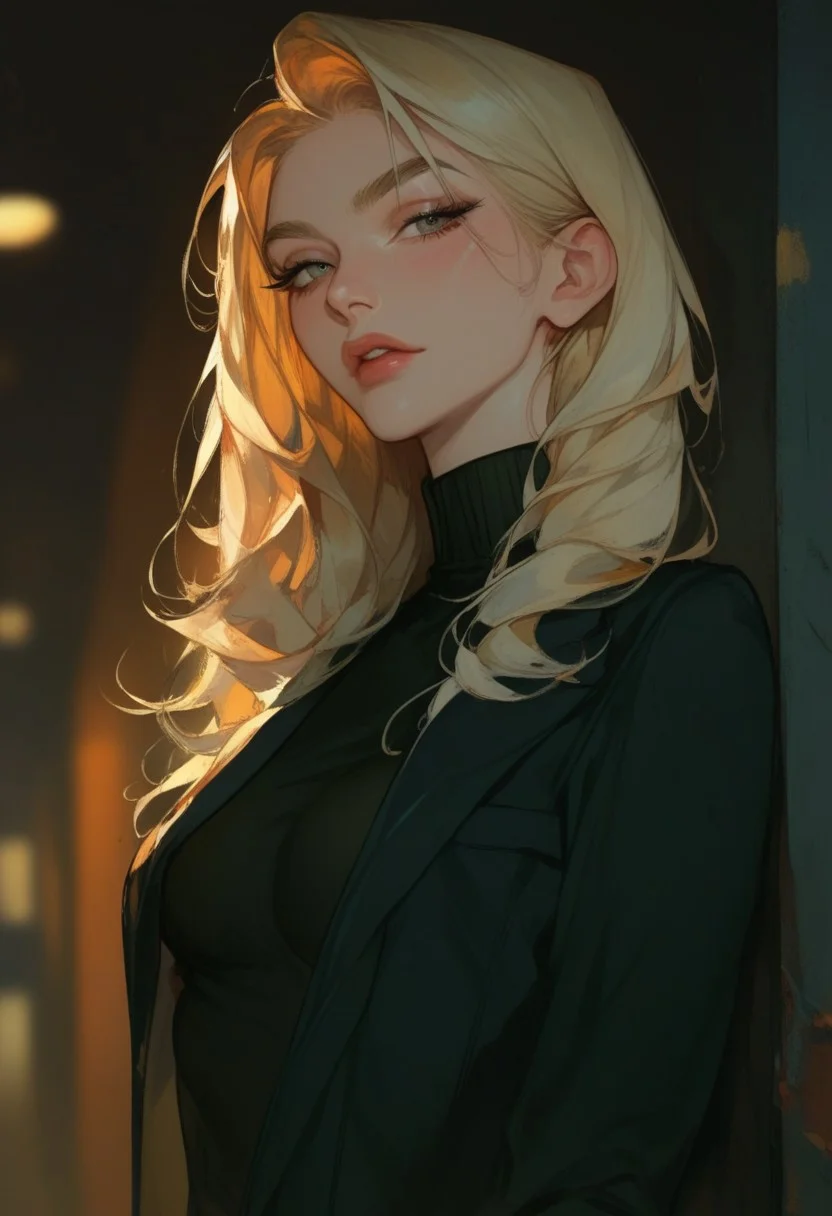 score_9, score_8_up, score_7_up, score_6_up, score_5_up, score_4_up,1girl, turtleneck sweater, black sweater, pale skin, semi-realism, medium breasts, tight clothes, dark narrow corridor, black latex gloves, formal suit, black suits, blonde hair, great artist, 8k, black formal jacket, shadows, cinematic scene, depth of field, long eyelashes, sharp eyebrows, sexy, seductive, Noise effect, old movie effect, old time, black eyeliner, 1980s style, long hair, straight slick hair,