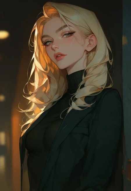 score_9, score_8_up, score_7_up, score_6_up, score_5_up, score_4_up,1girl, turtleneck sweater, black sweater, pale skin, semi-realism, medium breasts, tight clothes, dark narrow corridor, black latex gloves, formal suit, black suits, blonde hair, great artist, 8k, black formal jacket, shadows, cinematic scene, depth of field, long eyelashes, sharp eyebrows, sexy, seductive, Noise effect, old movie effect, old time, black eyeliner, 1980s style, long hair, straight slick hair,