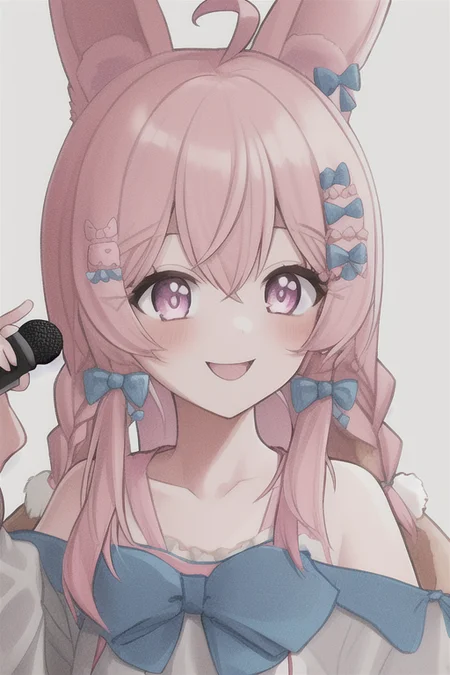 the photo of a 1girl, ahoge, animal_ears, bare_shoulders, blue_bow, bow, braid, collarbone, hair_bow, hair_ornament, hairclip, long_hair, open_mouth, pink_eyes, pink_hair, rabbit_ears, smile, solo, twin_braids, upper_body, virtual_youtuber, stage, stage lights, microphone, holding microphone, backwards hat, parappa the rapper, pipkin pippa