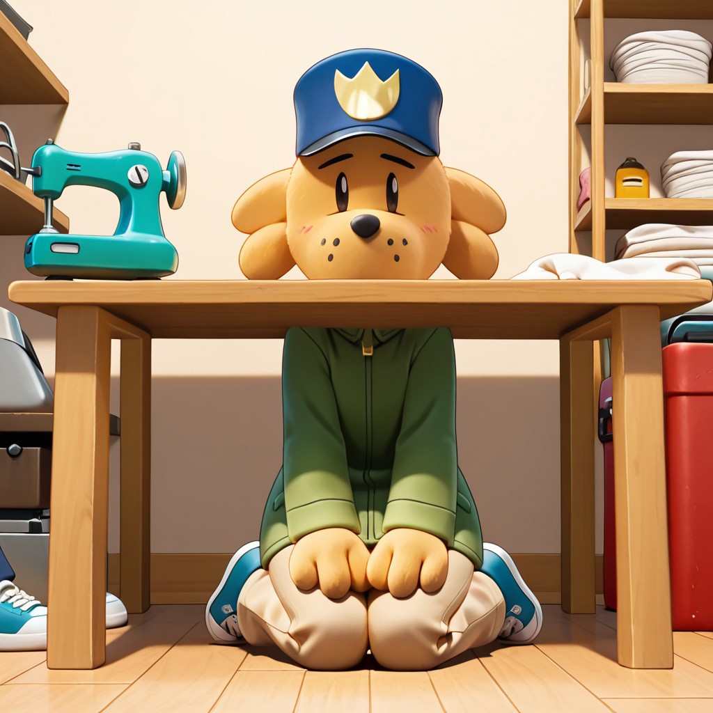 masterpiece, best quality, amazing quality, rendered, illustration, highres, detailed, dogman, ((long stack)), solo, black eyes, beige fur, dog ears, hat, police hat, modern green jacket, beige jeans, sneakers, standing, view point under the table, tailoring workshop, a big table, sewing machine, kneeling, loooking at a shelve, front angle, detailed background, shelves with fabric in the background, toolbox on the floor, <lora:dogman_Illustrious_Mlaofmd-10_1174849:1.0>,