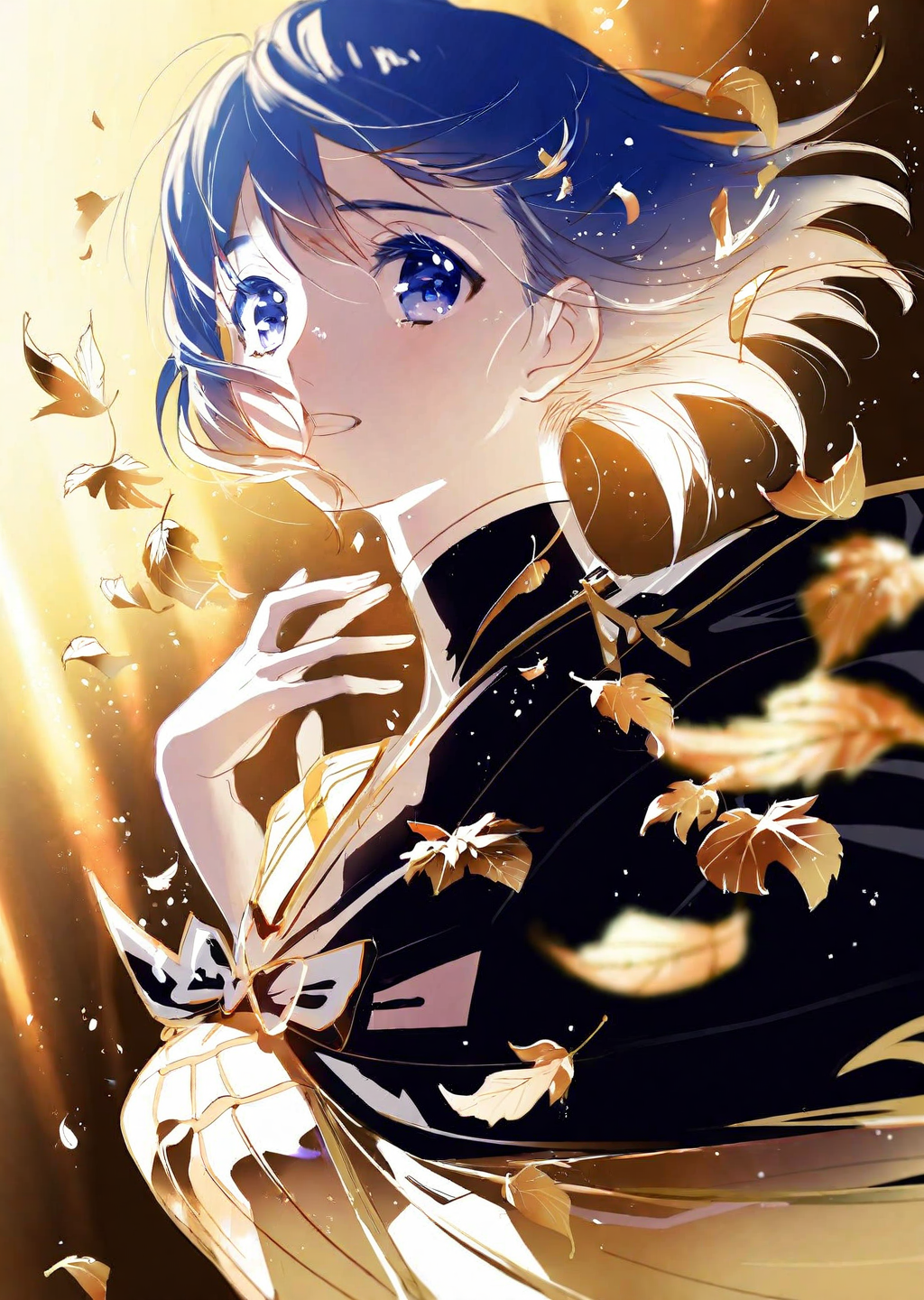 anime, flat color illustration by john singer sargent
a stunning woman , detailed face
joyful, dynamic pose, ,, floating particles, mesmerizing,
gold leaf decorations
shadows,
 anime
dramatic lighting 
gradient 
pixiv request, pixiv fantasia, pixiv sample, 
by ajimita, 
best quality,