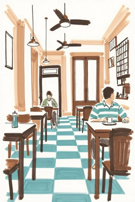 watercolor illustration.
A cozy, intimate cafe scene. The floor is covered with a checkered pattern of teal and white tiles, adding a vintage, retro touch to the setting. In the foreground, a man with short, dark hair is seated at a wooden table, wearing a light green and white striped shirt. There are is a spnning fan on the ceiling. <lora:minink1_cap_d6a3e12:1.0><lora:825124343819420390:0>