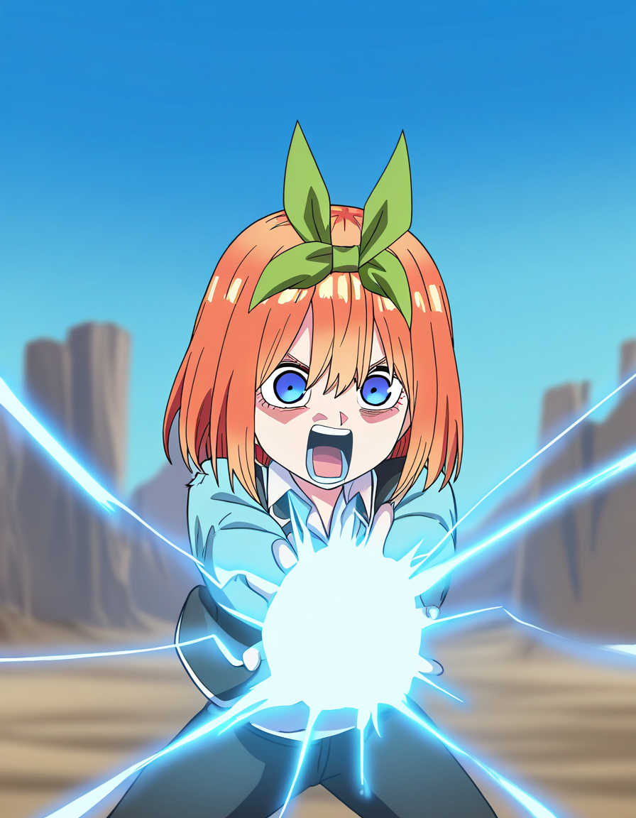 masterpiece, best quality, newest, absurdres, highres, safe,, <lora:yotsuba-nakano-s2-ponyxl-lora-nochekaiser:1>, yotsuba nakano, bangs, short hair, blue eyes, hair between eyes, hair ribbon, hairband, orange hair, green ribbon, large breasts, <lora:kamehameha-illustriousxl-lora-nochekaiser:1>, kamehameha, kamehameha (dragon ball), open mouth, outstrecthed arms, torn clothes, shouting, energy, energy beam, outdoors, wasteland, cowboy shot,