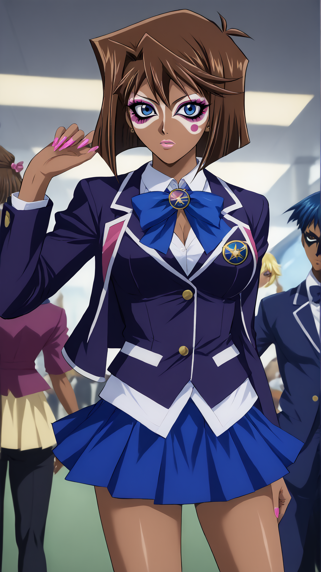 <lora:Manba_XL:0.8> Gyaru, Ganguro, Yamanba, dark skin, makeup, facepaint, fake nails, nail polish, tattoo, <lora:anzu-mazaki-ponyxl-lora-nochekaiser:0.8> anzu mazaki, yu-gi-oh!, 1girl, blue eyes, brown hair, short hair, blazer, blue skirt, domino high school uniform, jacket, miniskirt, skirt <lora:RealisticAnime:0.8> (ultra realistic, 32k, masterpiece:1.2), (high detailed skin:1.1), (high quality:1.1), bokeh, luminescent background, score 9, score 8 up, score 7 up, score 6 up, score 5 up, score 4 up, BREAK,