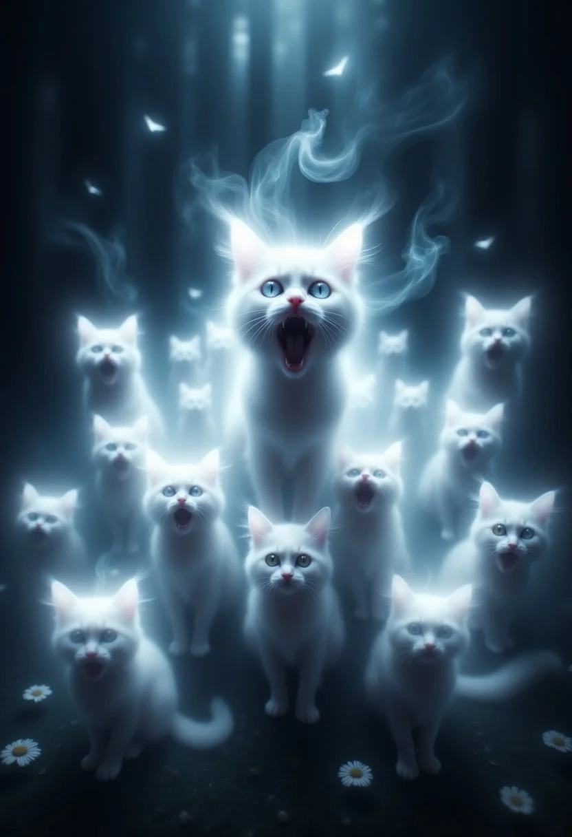 GhostlyStyle, a group of ghost kittens, translucent kittens, kittens coming towards the viewer, meowing kittens, many ghostly kittens, digital art