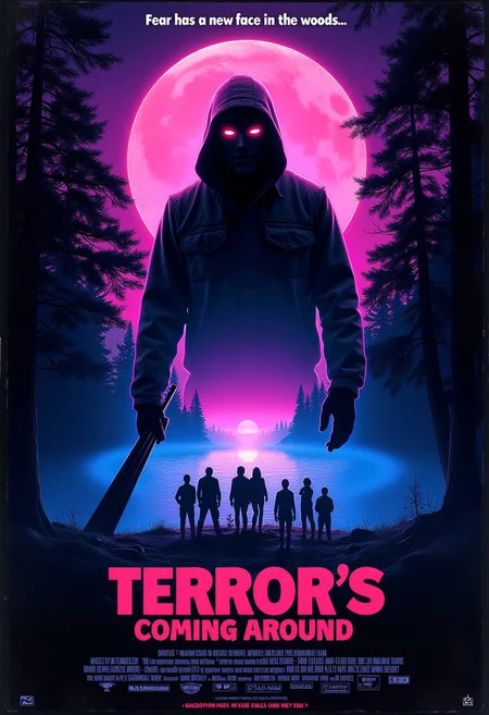 A retro 80s synthwave horror movie poster titled "Terror's Coming Around." A masked killer holding a weapon, silhouetted by neon-lit trees and a glowing moon. Inside the figure’s outline, a group of campers near a glowing lake with vibrant purple, pink, and blue synthwave lighting. The killer’s face is hidden in shadow. The tagline "Fear has a new face in the woods..." is displayed near the top in bold, stylized text. VHS grain texture overlays the entire poster, enhancing the retro feel. At the bottom, classic 80s-style film credits appear, listing "Directed by Engelstein" and other names such as "Starring: Mark Evans, Rachel Blake, Jessica Green, John Carter. Produced by Max Taylor. Music by Nolan Davis." "Coming This Fall" is written in smaller text at the bottom. Synthwave grid lines subtly appear on the ground, completing the eerie, nostalgic vibe.