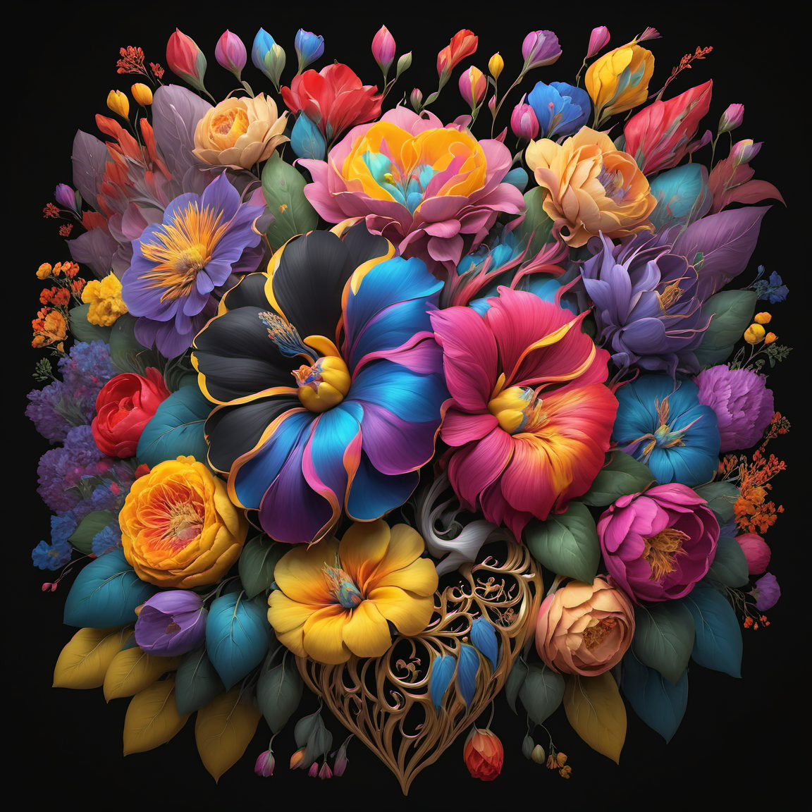 flowerart, flower, horns, leaf, black background, red flower, pink flower, blue flower, yellow flower, purple flower, orange flower,<lora:flower_art:1>, intricate, elegant, highly detailed, digital painting, artstation, concept art, smooth, sharp focus, illustration, art by wlop, charlie bowater and alexandra fomina