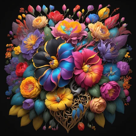 flowerart, flower, horns, leaf, black background, red flower, pink flower, blue flower, yellow flower, purple flower, orange flower,<lora:flower_art:1>, intricate, elegant, highly detailed, digital painting, artstation, concept art, smooth, sharp focus, illustration, art by wlop, charlie bowater and alexandra fomina