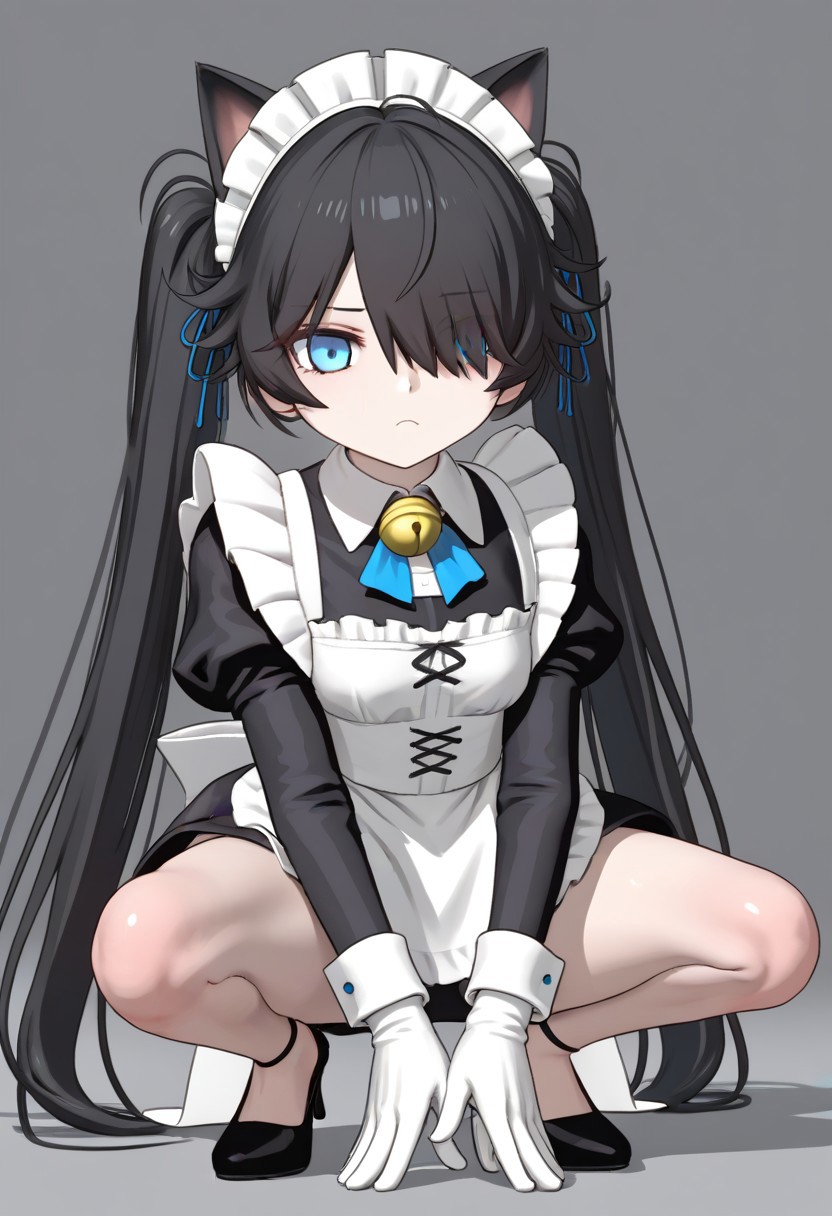 3D,(((MMD))),(Maid-kasli), solo, white gloves, dress, hair over one eye, maid apron, blue eyes, twintails, cat ears, maid headdress, maid, gloves, 1girl, apron, juliet sleeves, long sleeves, long hair, black hair, animal ears, bell,(Fall down),(squatting down, heels touching each other, legs fully extended outward)