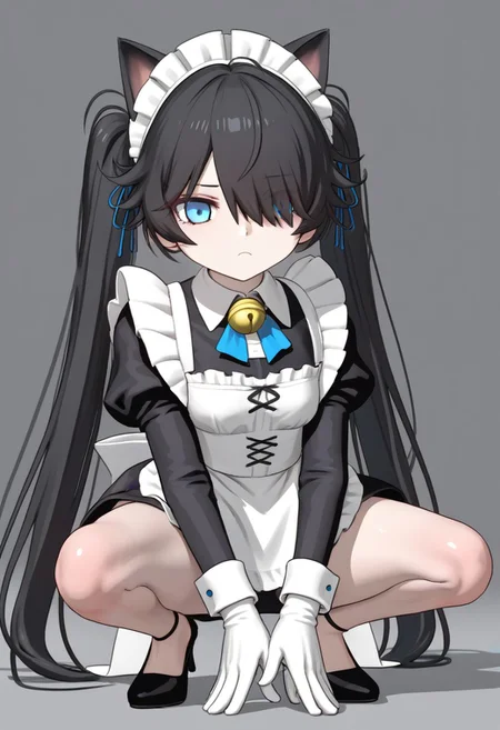 3D,(((MMD))),(Maid-kasli), solo, white gloves, dress, hair over one eye, maid apron, blue eyes, twintails, cat ears, maid headdress, maid, gloves, 1girl, apron, juliet sleeves, long sleeves, long hair, black hair, animal ears, bell,(Fall down),(squatting down, heels touching each other, legs fully extended outward)