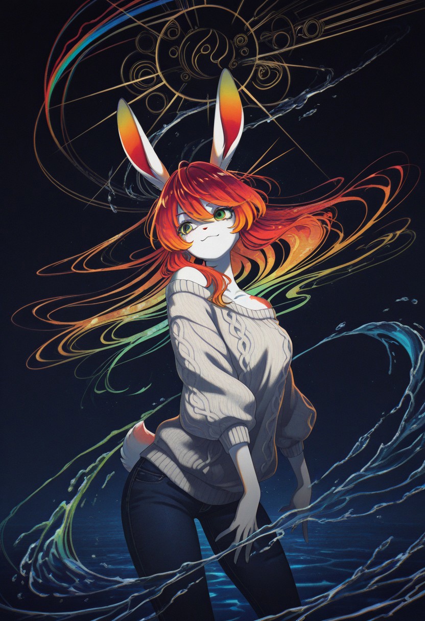 (masterpiece, gradient, recent, good_quality, high_quality, newest, very aesthetic, vibrant_background, abstract_background, colorful, surreal, anime_coloring:1, vectortrace:1, flat_colors:1,rabbit girl,furry,red hair,white rabbit ear,solo,add detailed eyes,green eyes,dressed,happy,long hair,roll-up sweater,jeans,BV-Illu,Dynamic pose, midnight blue gradient background, water,late night,upper body,