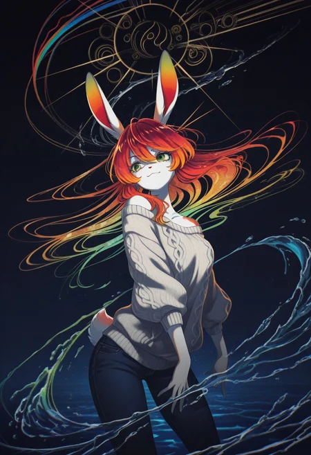 (masterpiece, gradient, recent, good_quality, high_quality, newest, very aesthetic, vibrant_background, abstract_background, colorful, surreal, anime_coloring:1, vectortrace:1, flat_colors:1,rabbit girl,furry,red hair,white rabbit ear,solo,add detailed eyes,green eyes,dressed,happy,long hair,roll-up sweater,jeans,BV-Illu,Dynamic pose, midnight blue gradient background, water,late night,upper body,