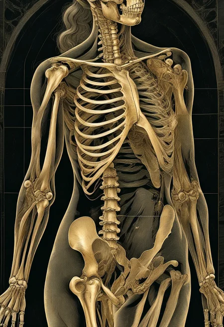 masterpiece, ultra HD , 8K , sharp , focus, raw photography,
A delicate, transparent ink drawing showcases a woman's the skeletal structure outlined in radiant golden hues against a dark background, chest close up, anatomical ,Da_Vinci