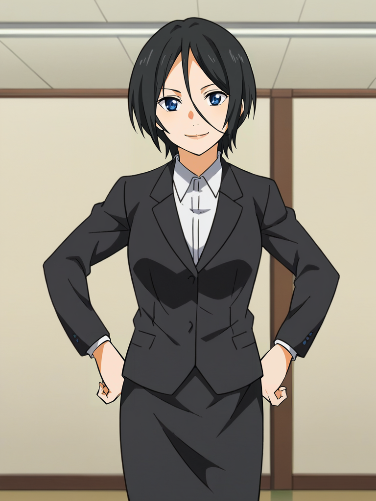 <lora:Seto_Hiroko-Shigatsu_wa_Kimi_no_Uso:1>,seto,1girl,,black hair,short hair,hair between eyes,blue eyes,formal,skirt,hands on own hips,looking at viewer,indoors,smile