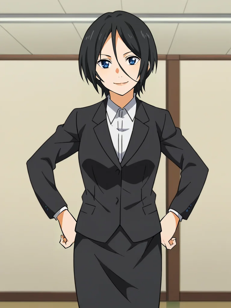 <lora:Seto_Hiroko-Shigatsu_wa_Kimi_no_Uso:1>,seto,1girl,,black hair,short hair,hair between eyes,blue eyes,formal,skirt,hands on own hips,looking at viewer,indoors,smile