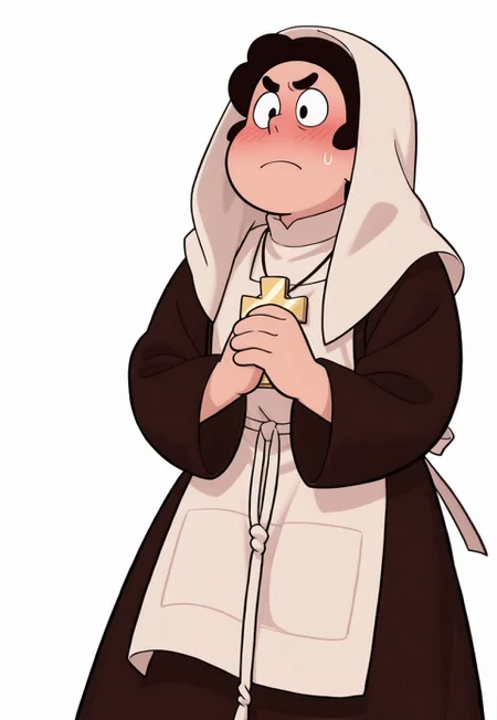score_9, score_8_up, score_7_up, score_6_up, score_5_up, score_4_up, best quality, masterpiece, official screencap, source_screencap, official style, BREAK, Steven, Steven Universe, black hair, simple white background, heavy outlines, annoyed expression, slight blush, nun outfit, nun, apron, cross 