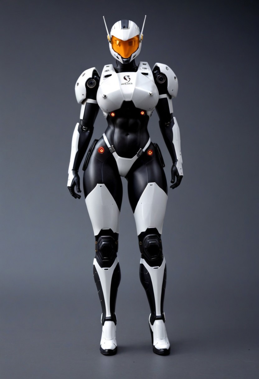 A sleek futuristic scene, a female robot in a form-fitting white armored suit with black accents, wearing boots, she is exuding a sense of strength and unity, standing in a military hangar,