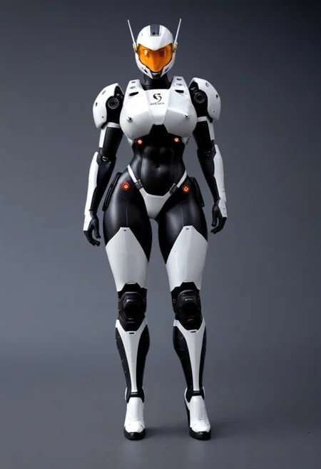 A sleek futuristic scene, a female robot in a form-fitting white armored suit with black accents, wearing boots, she is exuding a sense of strength and unity, standing in a military hangar,