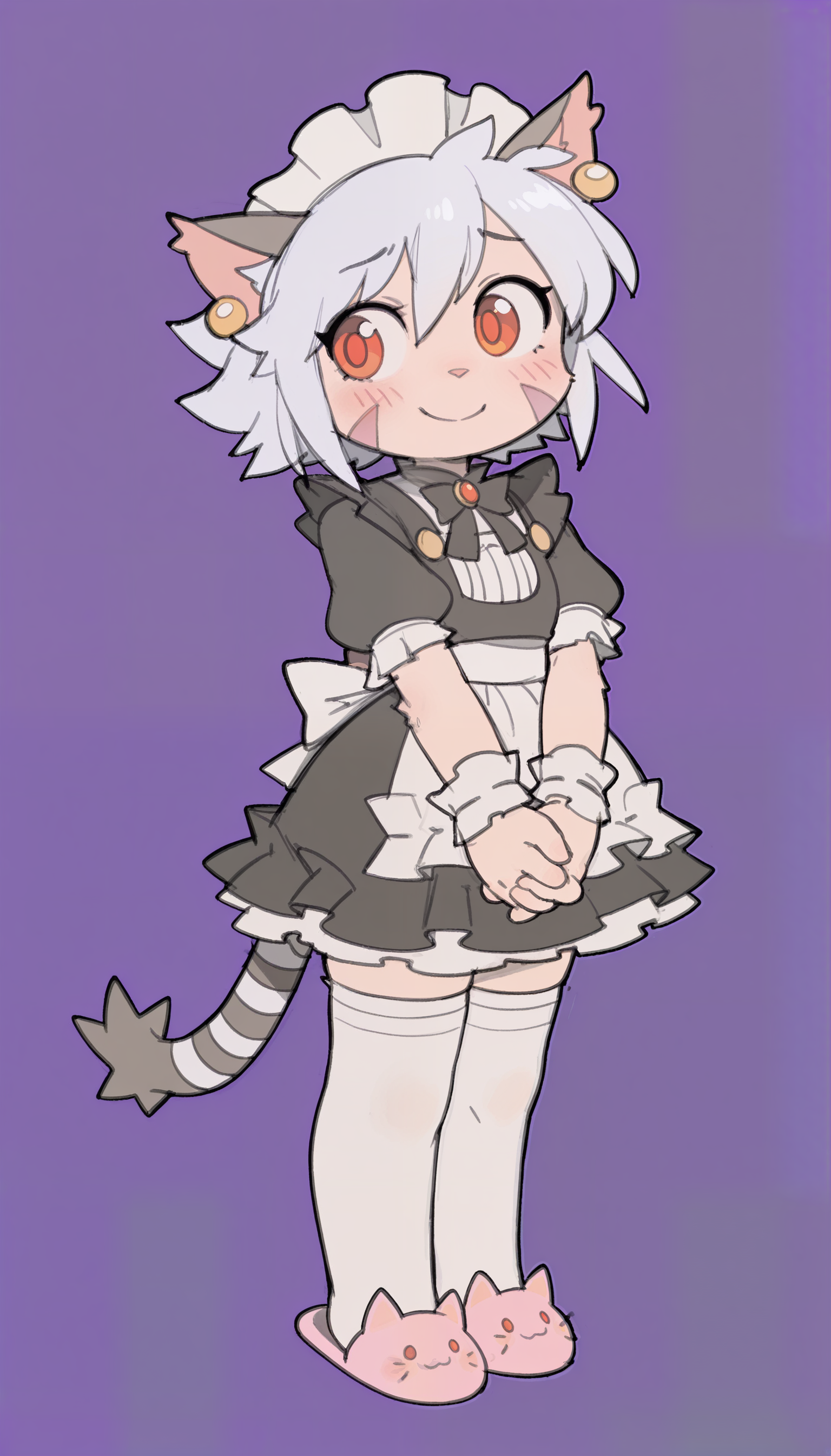 masterpiece, best quality, amazing quality, tmchng, sketch, chibi, flat colors, elh, 1girl, solo, furry female, cat girl, standing, full body, three quarter view, looking to the side, looking at viewer, smile, nervous, blush, cute, adorable, own hands together, interlocked fingers, body fur, red eyes, orange eyes, body fur, cat ears, white hair, short hair, shiny hair, earrings, facial mark, animal nose, striped tail, maid, enmaided, maid dress, maid headdress, frills, puffy short sleeves, maid apron, bowtie, cat slippers, thighhighs, zettai ryouiki, purple background, simple background
