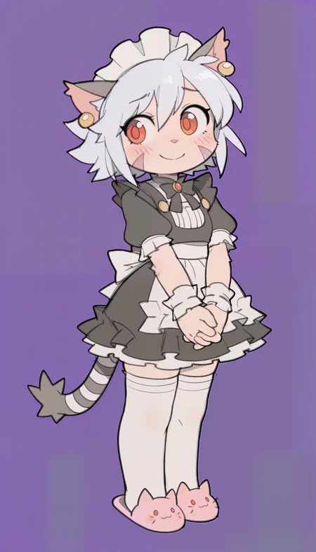 masterpiece, best quality, amazing quality, tmchng, sketch, chibi, flat colors, elh, 1girl, solo, furry female, cat girl, standing, full body, three quarter view, looking to the side, looking at viewer, smile, nervous, blush, cute, adorable, own hands together, interlocked fingers, body fur, red eyes, orange eyes, body fur, cat ears, white hair, short hair, shiny hair, earrings, facial mark, animal nose, striped tail, maid, enmaided, maid dress, maid headdress, frills, puffy short sleeves, maid apron, bowtie, cat slippers, thighhighs, zettai ryouiki, purple background, simple background
