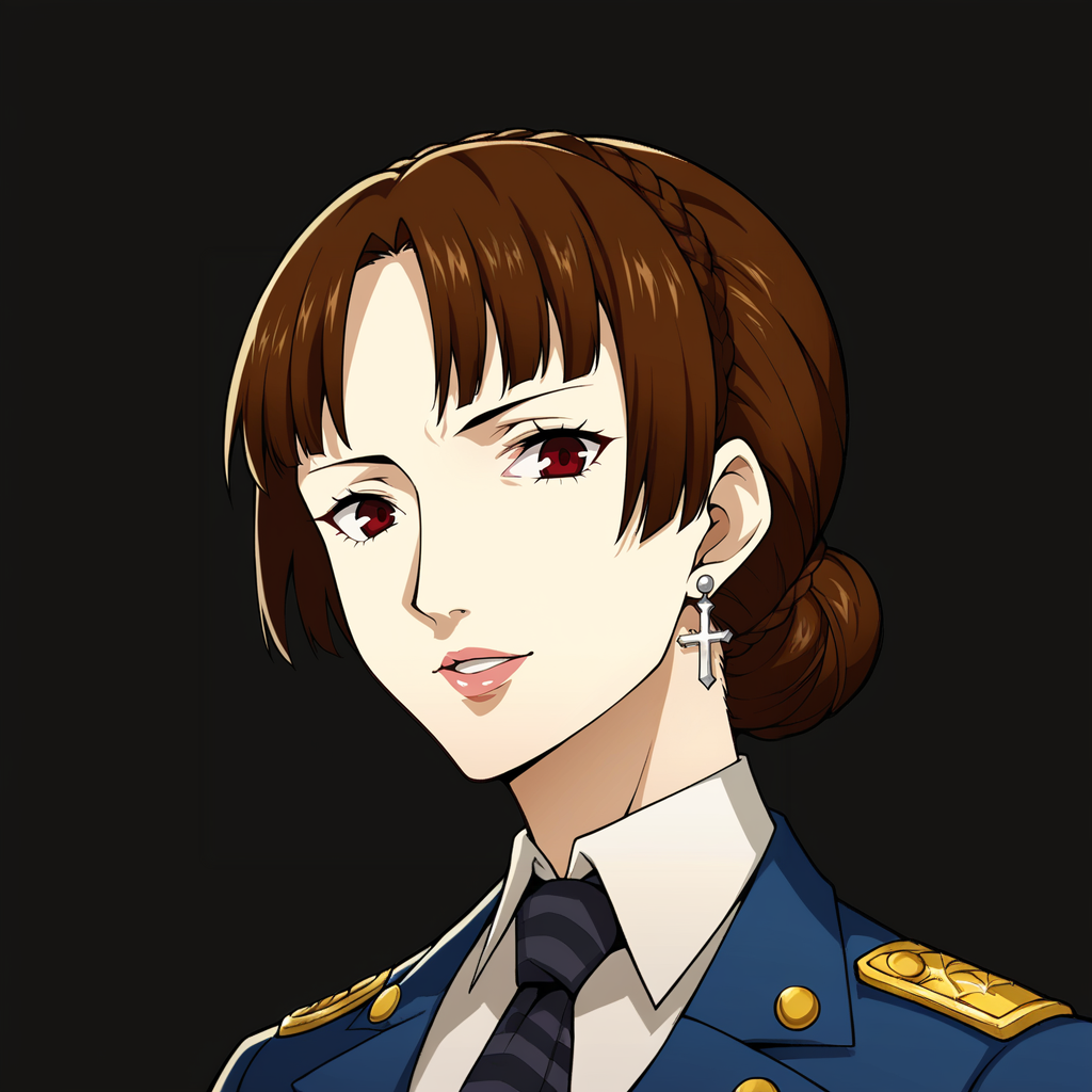 Score_9, score_8_up, score_7_up, source_anime, looking at viewer, cowboy shot,masterpiece, best quality, upper body, portrait,beautiful, black background,  BREAK, Makoto Niijima,  brown eyes, red eyes, (mature female, mature face, milf),  white  shirt, buttons, chief of the police, (blue formal suit, striped tie), cross earrings, strict expression,<lora:Persona_5_portrait_style_Pony:1>, (alternate hairstyle, hairbun:1.3), BREAK, (epaulettes:0.9)