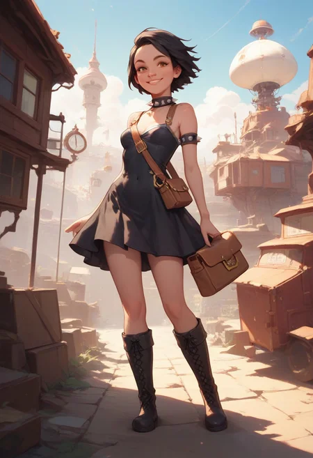 score_9, score_8_up, score_8_up, 1800's era fashion and technology, concept art, illustration. Steampunk, industrial revolution,
1girl, age in mid20s, crooked smile, parted lips, (black hair), short hair, freckles, hazel eyes, (small breasts;1.3), long full-length black bowsette dress with orange trim, brown messenger bag. Wearing riding boots, she is looking out a porthole window, standing inside a passenger compartment aboard a dirigible airship, high res image, masterpiece, detailed background, perfection style