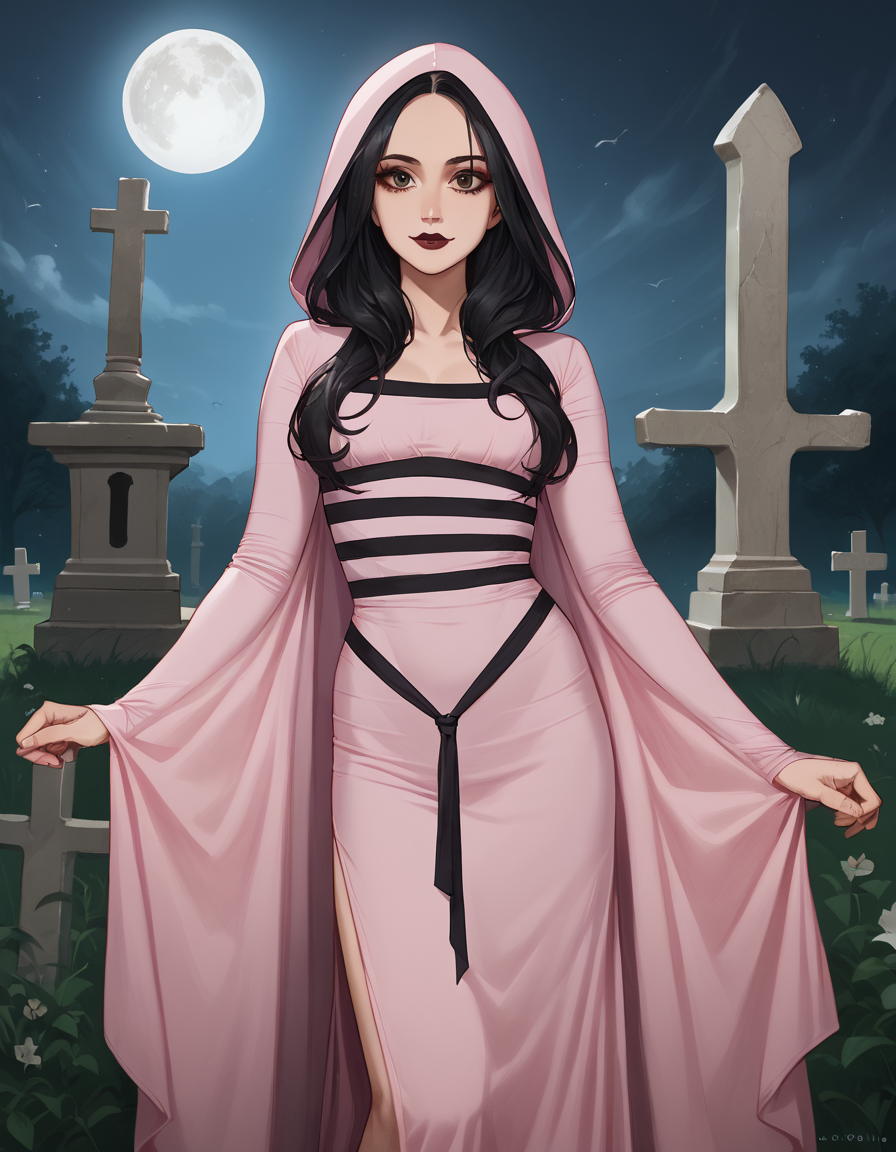 score_9, score_8_up, score_7_up, score_6_up, score_5_up, score_4_up, source_anime, best quality, 1girl, solo, black hair, lipstick, hud_lly_mnstr, pink dress, long sleeves, hood down, <lora:lily_munster-000008:1>, looking at viewer, light smile, cemetery, beautiful tombstones, moonlight