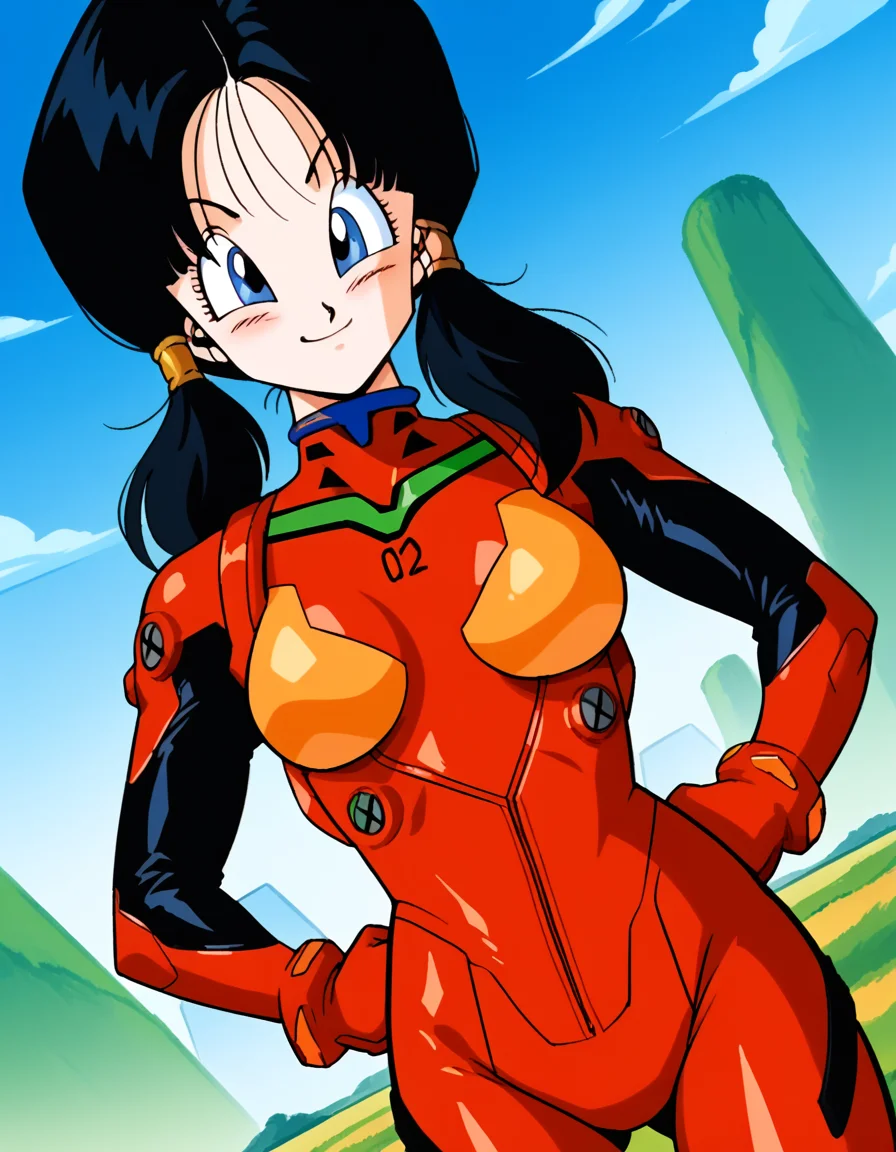 score_9, score_8_up, score_7_up, source_anime, <lora:dbz-videl-anime-ponyxl-lora-nochekaiser:1>, videl, black hair, blue eyes, eyelashes, parted bangs, twintails, medium breasts,, <lora:souryuu-asuka-langley-cosplay-ponyxl-lora-nochekaiser:1>, souryuuasukalangleycosplay, souryuu asuka langley (cosplay), bodysuit, pilot suit, plugsuit, red bodysuit, interface headset,, cityscape, smile, blush, hands on hips,, , cowboy shot, dutch angle