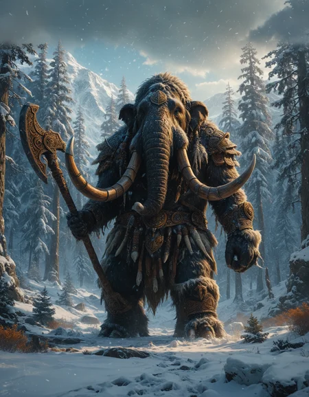 highly detailed and dramatic scene, a towering fluffy mammoth warrior in a snowy mountain, DnD style, the mammoth warrior stands proudly, its massive form clads in rugged tribal armor made of bones and leather and metal, its tusks are adorned with intricate carvings and glowing runes, and it wields a gigantic ornate battle axe, Snow falls gently around the warrior, and the mountain is dense with tall snow-covered trees, The ground is blanketed in snow, The atmosphere is tense and mystical, cold blue-tinted light filtering through the trees, The mammoth's eyes glow, <lora:MJ52:0.4>, <lora:SDXLFaeTastic2400:0.5>, <lora:Warm Lighting Style:0.6>