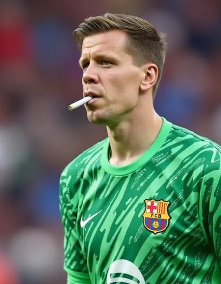 <lora:wojtek-szczesny-000004:1> wojtek szczesny in goal with a cigarette in his mouth, barcelona team. green golkeeper outfit