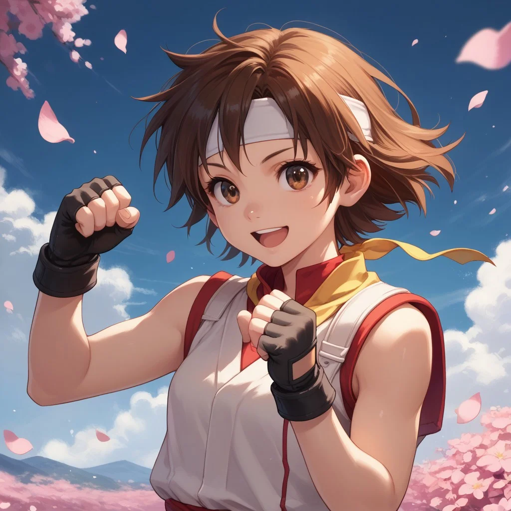 score_9, score_8_up, score_7_up, score_6_up, solo, brown hair, kasugano_sakura, 1girl, gloves, headband, brown eyes, fingerless gloves, short hair, smile, open mouth, petals, dougi, upper body, clenched hands, sleeveless, :d