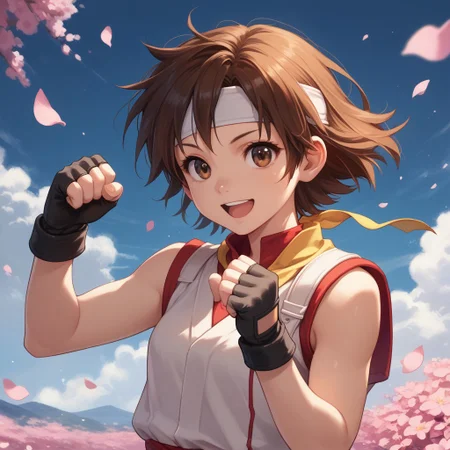 score_9, score_8_up, score_7_up, score_6_up, solo, brown hair, kasugano_sakura, 1girl, gloves, headband, brown eyes, fingerless gloves, short hair, smile, open mouth, petals, dougi, upper body, clenched hands, sleeveless, :d
