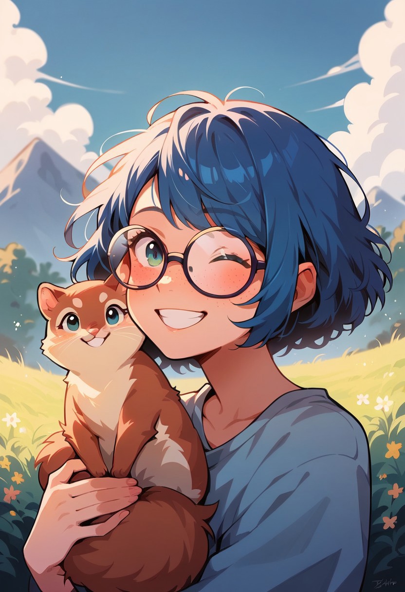 score_9, score_8_up, score_7_up, score_6_up,  <lora:p3tl0v3XLP:1> p3tl0v3, 1girl, 22yo, blue hair, bob cut, thick glasses, freckles, cute smile, squirrel on shoulder, kawaii, cute, winking, v, outdoors, mountain stream in background