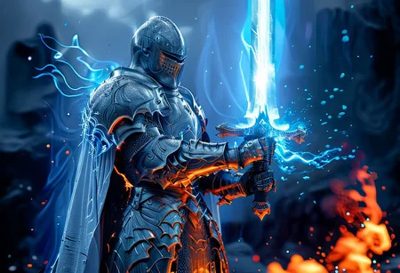 (masterpiece:1.1, high detailed, realistic),
a old knight with fire armor breaks the earth with fire and ice magic.the knight wields a mighty sword with a lighning blade,(neon:1.1,fantasy:1.5,magic:1.3),
(the knight is a galaxy shaped like a  human:1.3)
ral-dissolve, perfection style, perfection, perfect , detailed , detailed style, perfect, b0d3b3, glowneon, glowing, sparks, lightning, hkstyle,easynegative
